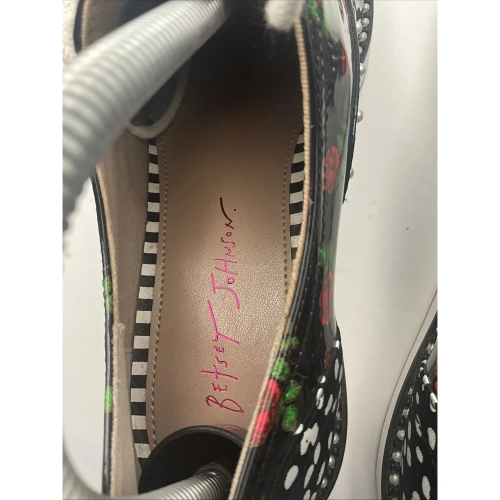 Betsey Johnson Marti Platform Oxford Shoes 7.5 Patent Leather Punk Pearls Hearts